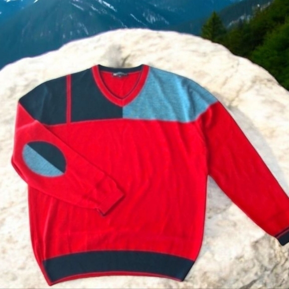 Marcello Sport merino wool blend red/ black color block v neck sweater. Sz M - Picture 1 of 8